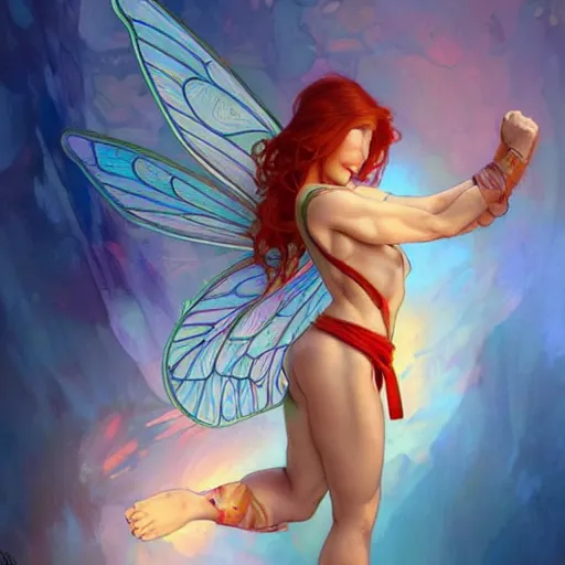 Image similar to beautiful natural fairy small winged redhead martial artist karate fey muscular body shortsword, vivid colors, intricate, elegant, highly detailed, digital painting, artstation, concept art, smooth, sharp focus, illustration, art by artgerm and greg rutkowski and alphonse mucha and loish and wlop