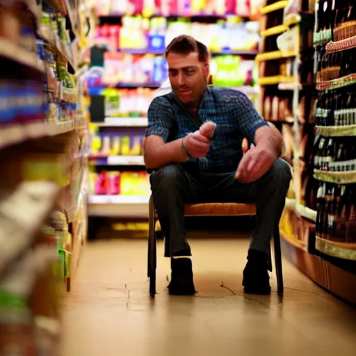 Prompt: a man in a store at 3 in the night he's bored and sitting on his chair working on a supermarket and there's only one light on