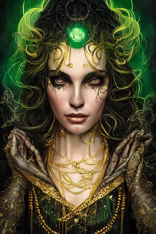 Image similar to a close - up portrait of a hauntingly beautiful sorceress wearing a black robe with gold embroidery, casting a spell, green glows, painted by artgerm and tom bagshaw, highly detailed digital art