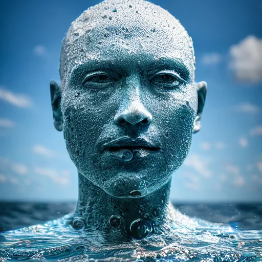 Image similar to a sculpture made of water in the shape of a human head, on the ocean water, water manipulation, cinematic, in the style of johnson tsang, long shot, hyper detailed, hyper realistic, ray tracing, 8 k resolution, sharp focus, realistic water, award winning