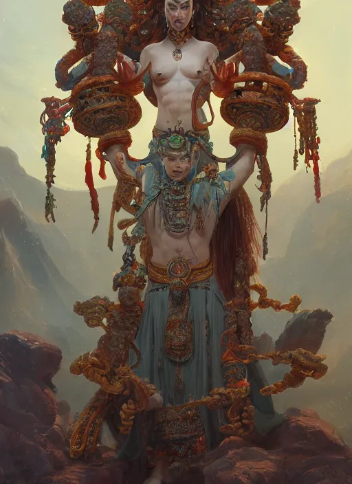 Prompt: Gigantic Deity with 8 arms and aztec accessories and translucent amulets, extremly detailed oil painting, in the style of Fenghua Zhong and Ruan Jia and Jeremy Lipking, rim light, beautiful lighting, mystic, 8k, stunning scene, raytracing, octane, trending on artstation