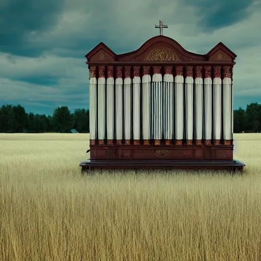 Prompt: a large church organ in a field, trending on artstation, render, 3 d, octane, 4 k, 8 k, unreal engine, cinema 4 d