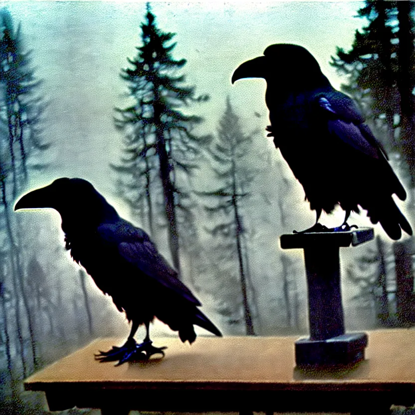 Image similar to a Raven standing on human skull on a table in a foggy forest, by Casey Baugh, Steve Caldwell, Gottfried Helnwein, and Artgerm, sharp focus, 8k resolution, masterpiece work, pristine condition film still from 1980