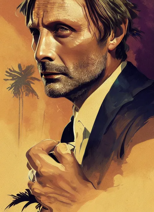 Image similar to portrait of mads mikkelsen as james bond, key art, palm trees, vintage aston martin, highly detailed, digital painting, artstation, concept art, cinematic lighting, sharp focus, illustration, by gaston bussiere alphonse mucha