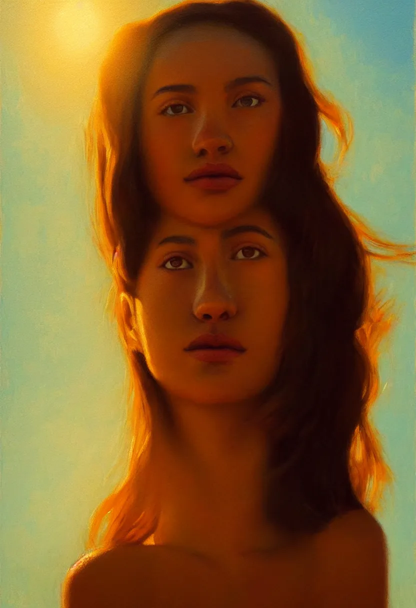 Image similar to a face portrait of a beautiful girl enjoying the warm sunlight, cuban setting, close - shot, symmetrical face, warm colors, soft lighting, atmospheric, cinematic, moody, in the style of diego koi, gina heyer, luiz escanuela, art by alyssa monk, hyperrealism, rule of thirds, golden ratio, oil on canvas, 8 k