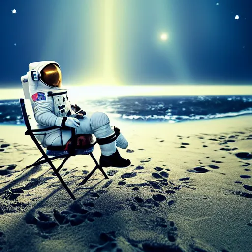 Image similar to an astronaut lounging in the beach, dramatic lighting, cinematic, extremly high detail, photorealistic, cinematic lighting, nasa footage