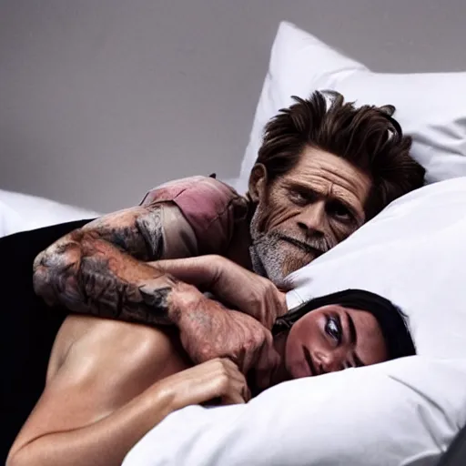 Image similar to willem dafoe lying in a bed with billie eilish