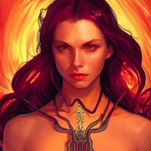 Image similar to character concept, portrait, symmetrical head - on centralized, bright fire pheonix in dark cave. detailed, high quality, dynamic lightning, fantasy, scenematic. artwork by artgerm, wlop, alex ross, greg rutknowski, alphonse mucha