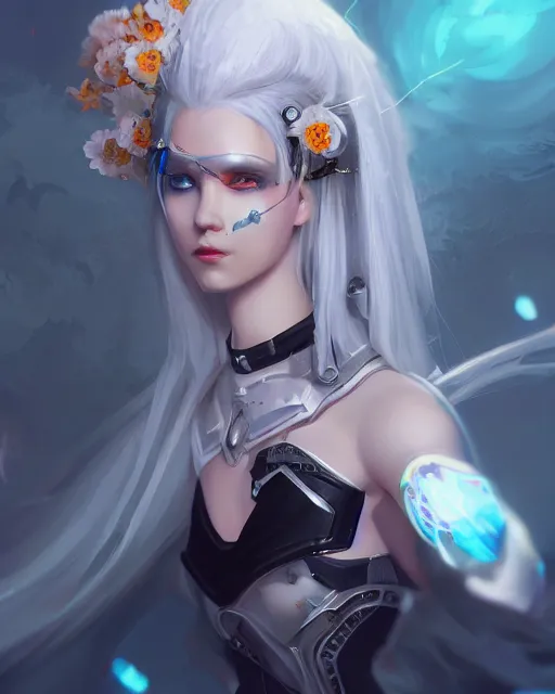 Image similar to cyborg girl with white hair and black skirt, flower decorations, priestess, dreamy, beautiful illustration, scifi, atmosphere, top lighting, blue eyes, focused, perfect composition, artstation, highly detailed, art by yuhong ding and chengwei pan and serafleur and ina wong