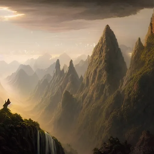 Image similar to a beautiful matte painting of between heaven and earth, wind and clouds, tsunamis, magnificent mountains and rivers, huge palaces and castles ， morning sun, hanging gardens ， magnificent and very vast. greg rutkowski ， eddie h. hinestroza ， clarity, 4 k hd