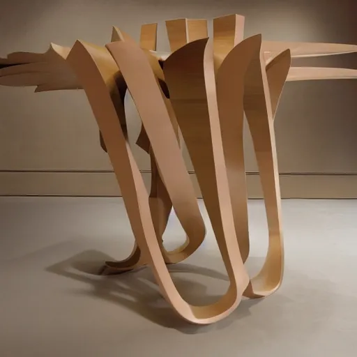 Prompt: futuristic wood table by frank gehry