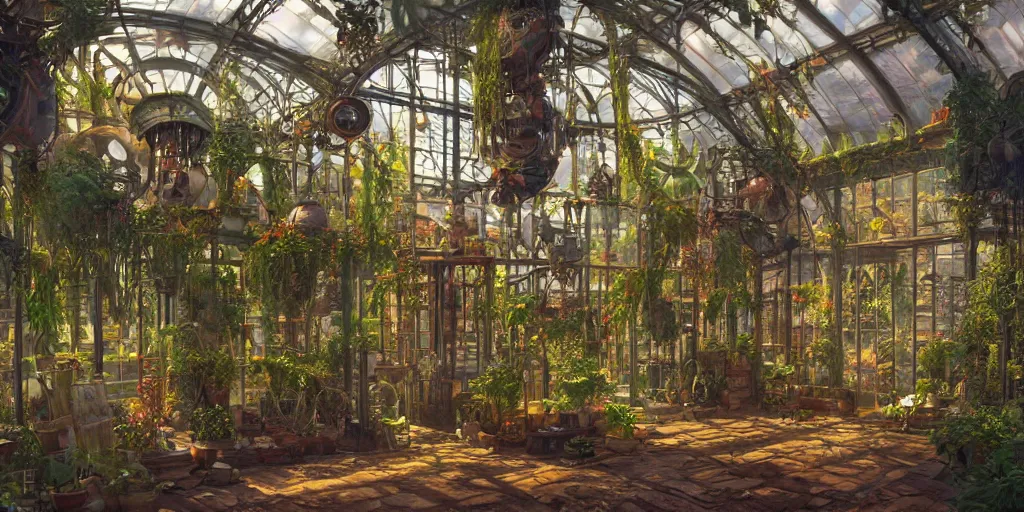 Image similar to steampunk greenhouse interior, colorful, 3 d scene, render, greg rutkowski, zabrocki, karlkka, jayison devadas, trending on artstation, 8 k, ultra wide angle, zenith view, pincushion lens effect