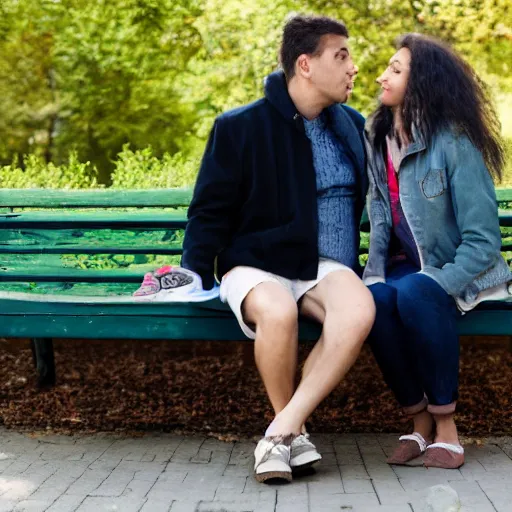 Prompt: a couple sitting on a park bench, smoke