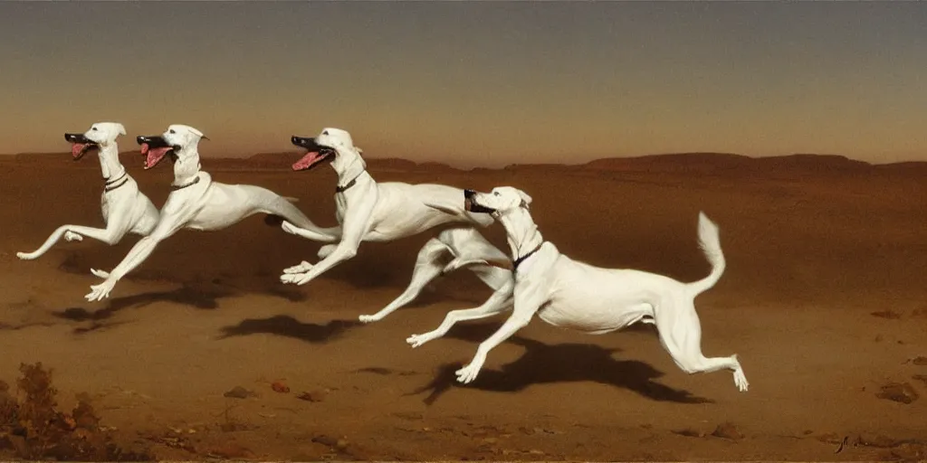 Image similar to white greyhounds running in the night dessert, by john charles dollman