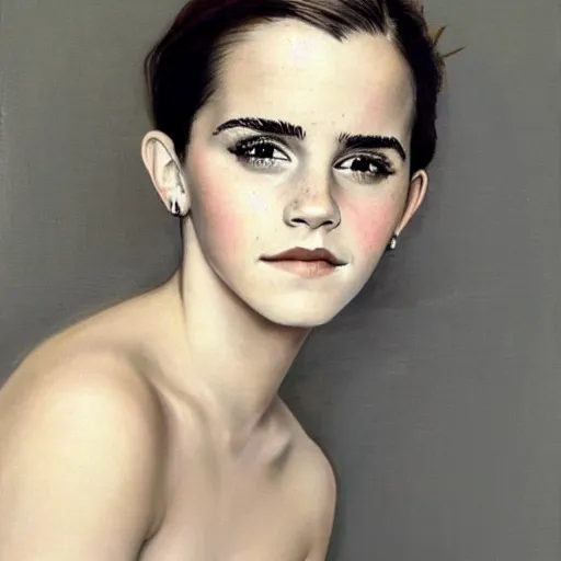 Image similar to A beautiful painting of Emma Watson with a faint pink tint in her cheeks. Her eyes are looking towards the left, and she wears a small possibly amused smile. by Raphael