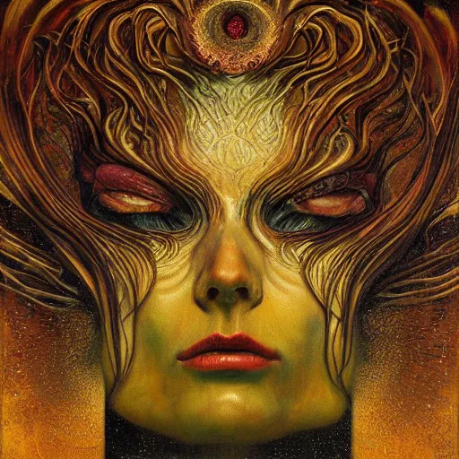 Image similar to Visions of Hell by Karol Bak, Jean Deville, Gustav Klimt, and Vincent Van Gogh, nightmare portrait, infernal, visionary, otherworldly, fractal structures, ornate gilded medieval icon, third eye, hellfire, spirals, cosmic horror