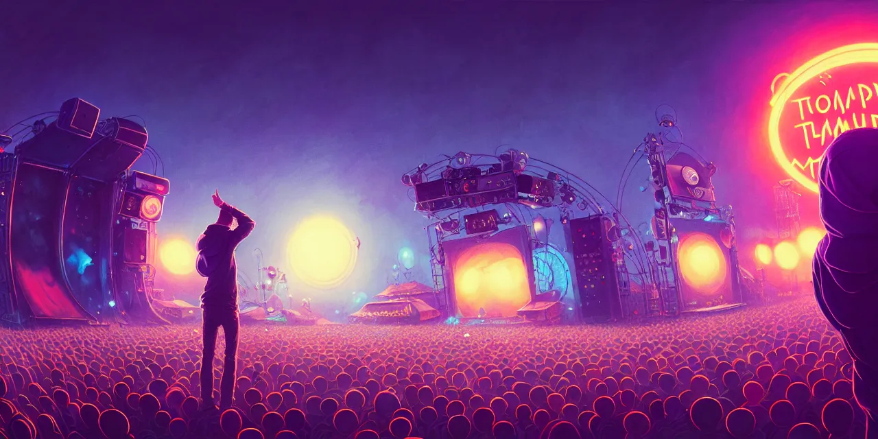 Image similar to tomorrowland, hyper - realistic portrait of a man in a hoodie, on the stage of a music festival, intricate, 4 k, by atey ghailan, by greg rutkowski, by greg tocchini, by james gilleard, by joe fenton, by kaethe butcher, dynamic lighting, lighting color scheme, sharp focus, grunge aesthetic