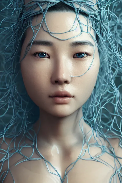 Image similar to intricate highly detailed face portrait of asian - european woman, light blue water vines on her face, intricate, cgsociety, unreal engine, octane render, sharp focus, smooth, volumetric lighting, cinematic composition, artstation