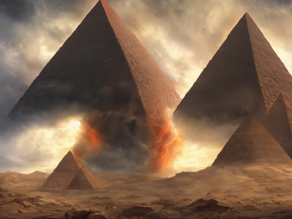 Prompt: a giant stormy rift in reality opens over a pyramid in the desert, award-winning, trending on artstation, oil on canvas, masterpiece, matte painting