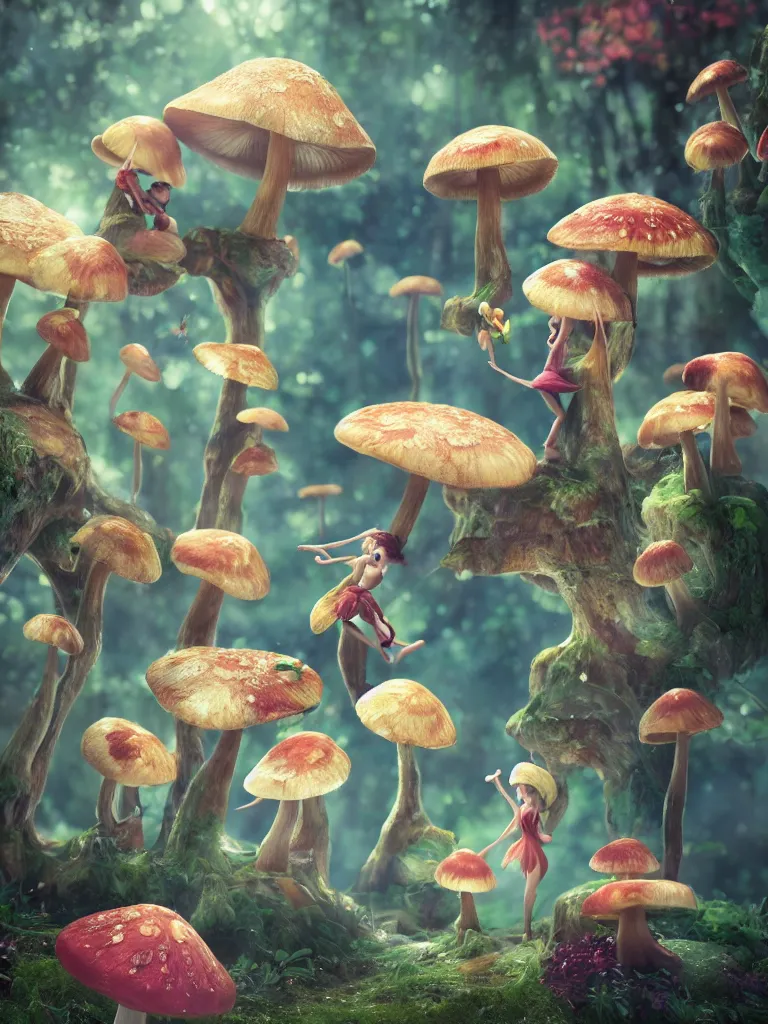 Image similar to fairy's dance in delight around a complex engine creating mushrooms, by viktoria gavrilenko, octane render, 8 k, beautifully lit