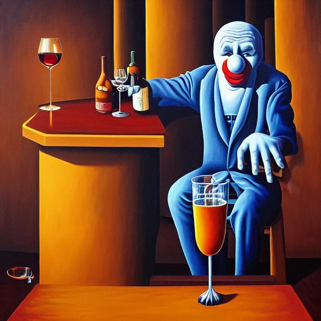 Prompt: an oil on canvas painting of a sad clown sitting by himself drinking wine in a bar, surrealism, surrealist, cosmic horror, rob gonsalves, high detail