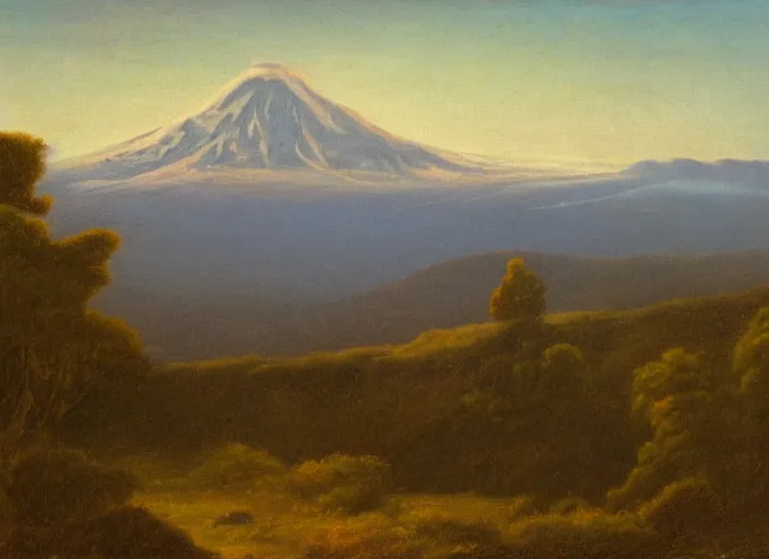 Image similar to mt. ruapehu, new zealand in the style of hudson river school of art, oil on canvas