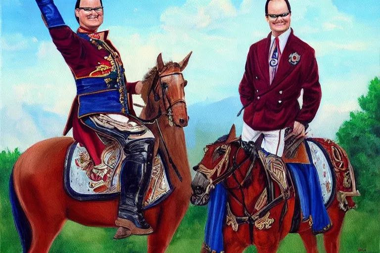 Image similar to a majestic painting of Jim Cornette on horseback dressed as an admiral