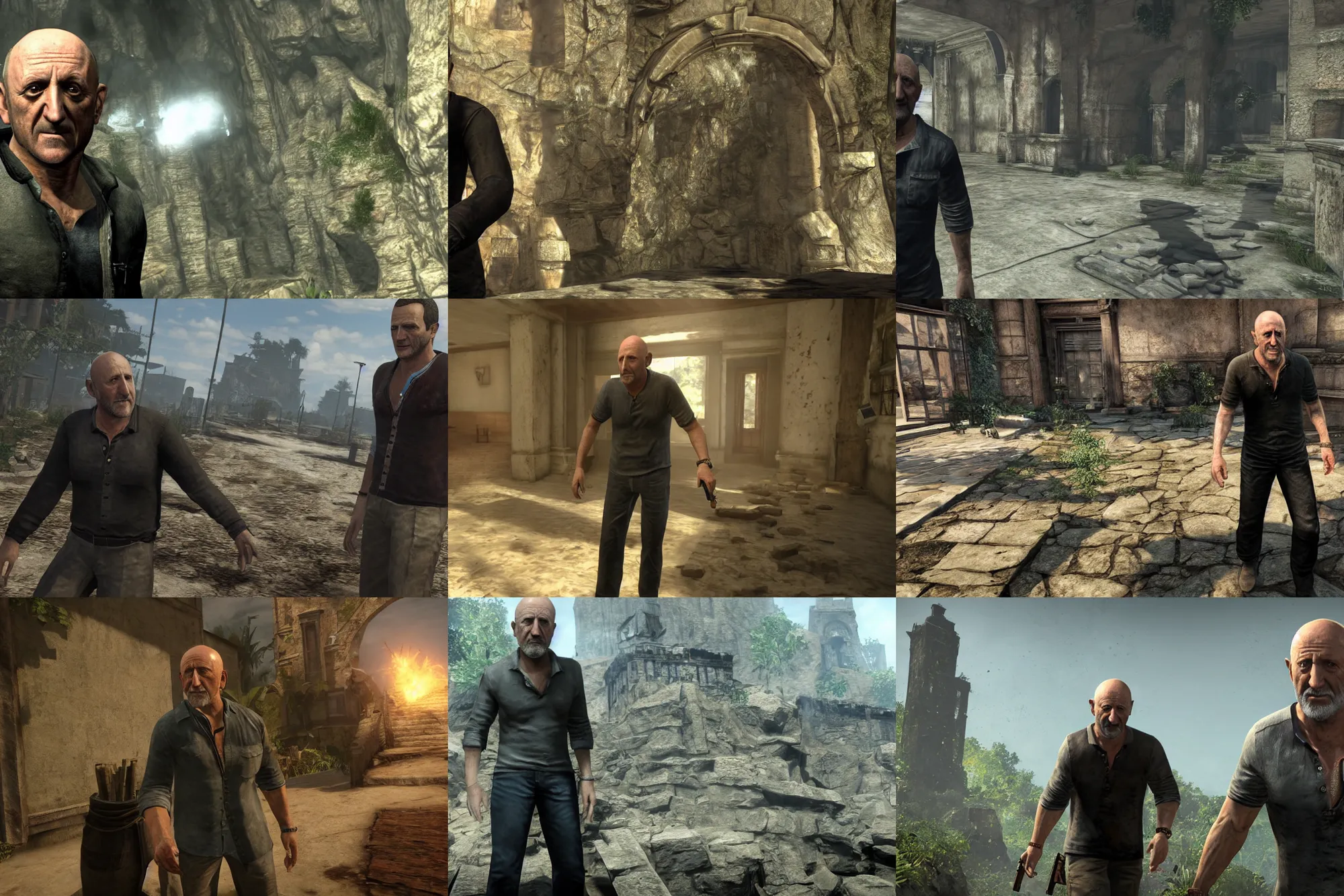 Prompt: a promotional gameplay screenshot of mike ehrmantraut in the video game uncharted. 3 d rendering. very detailed