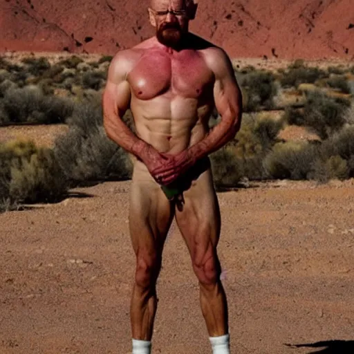 Prompt: muscular Walter white in the desert