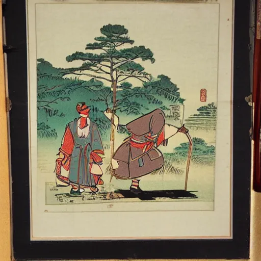 Prompt: late meiji period, colored woodblock print, paul bunyan