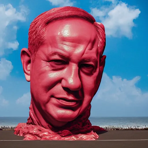 Prompt: a giant benjamin netanyahu sculpture made out of juicy red jelly, in the sea, long shot, hyper detailed, hyper realistic, ray tracing, 8 k resolution, sharp focus, realistic water, award winning