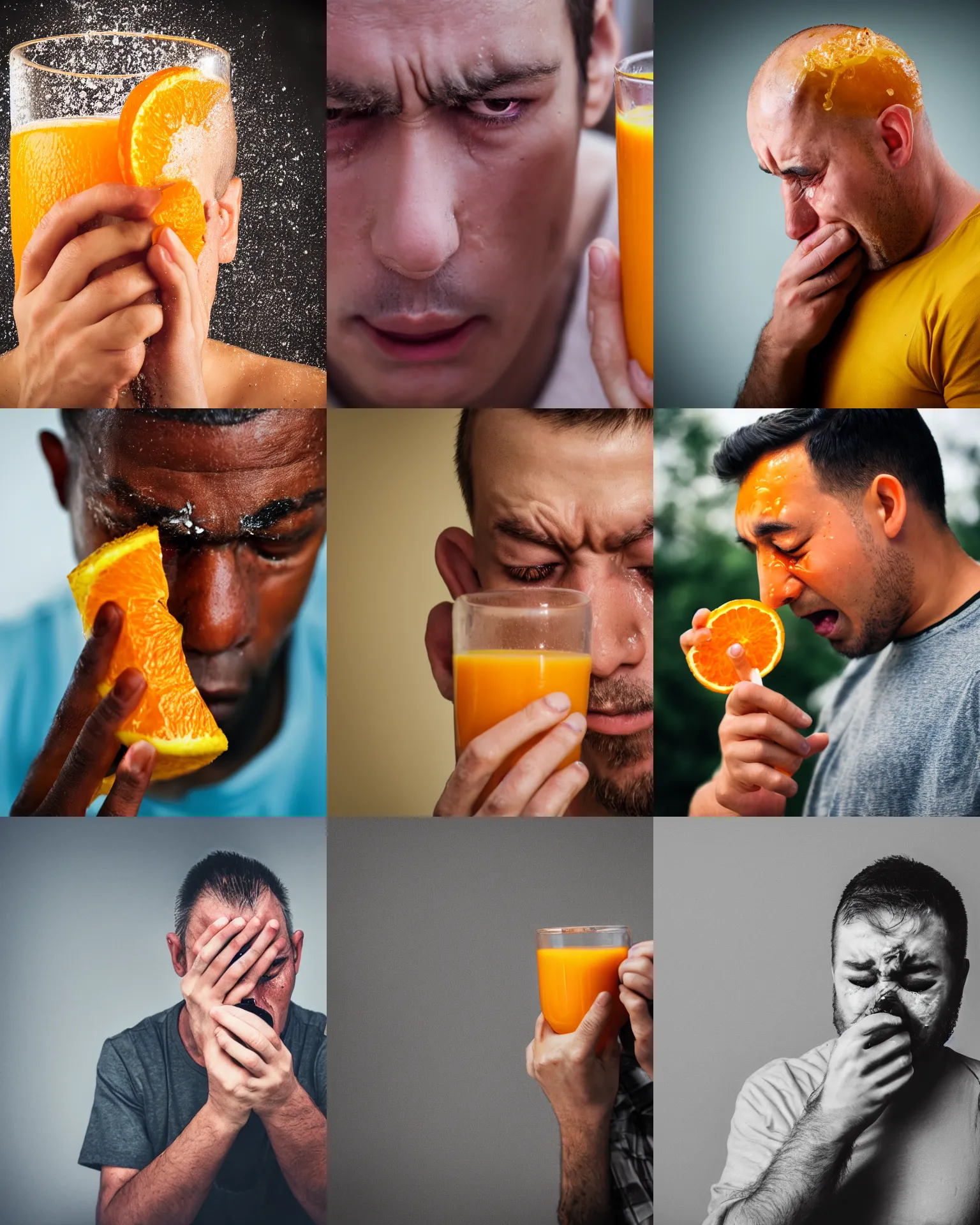 Prompt: sad man crying tears of orange juice, 4 k photography