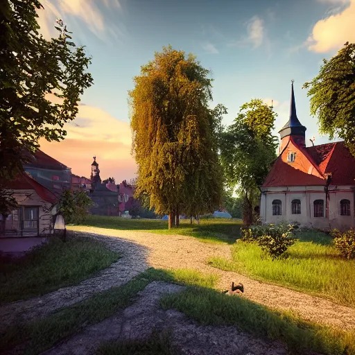 Prompt: a beautiful hyper realistic photo of banska stiavnica in summer with old houses and trees in sunset, sky, v - ray, octane render, unreal engine, by greg rutkowski and james gurney, artstation