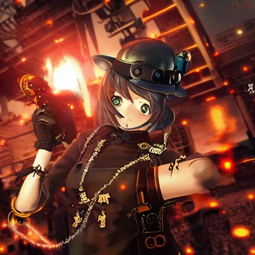 Image similar to anime girl destroying steampunk robots with guns with a steampunk katakana, epic, extremely detailed, sparks, particles, cinematic lighting,