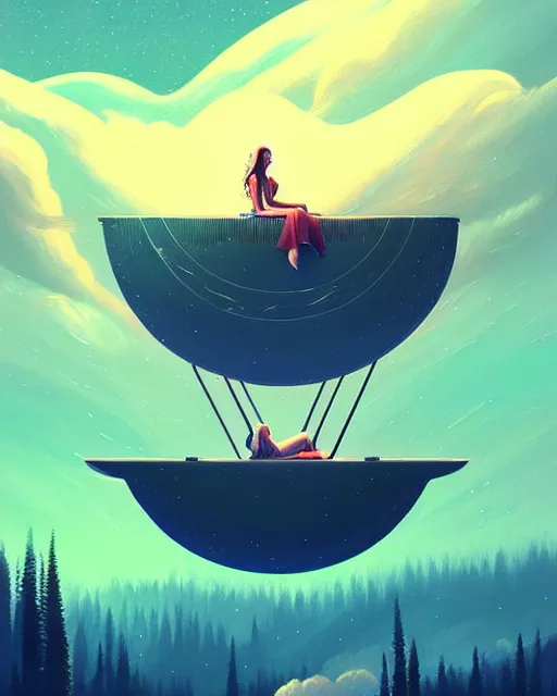 Prompt: beautiful painting of elven on a flying bed, art by mike winkelmann and by petros afshar, sky night, illustration, highly detailed, simple, smooth and clean vector curves, no jagged lines, vector art, smooth, artstation, blue color scheme