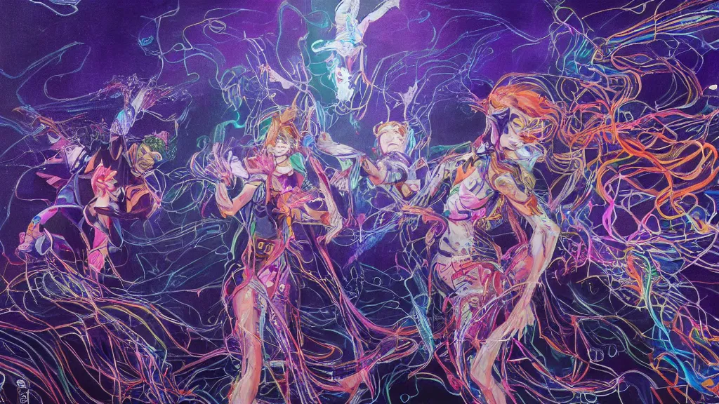 Prompt: a detailed painting of two people dressed as gen z dancing togheter in a nightclub, inspired by yoshitaka amano enveloped in trails of colorful animal ghosts floating around them. clean painting, realistic and auora lighting. dark blue and intense purple color palette, art by yoshiyuki tomino, 8 k