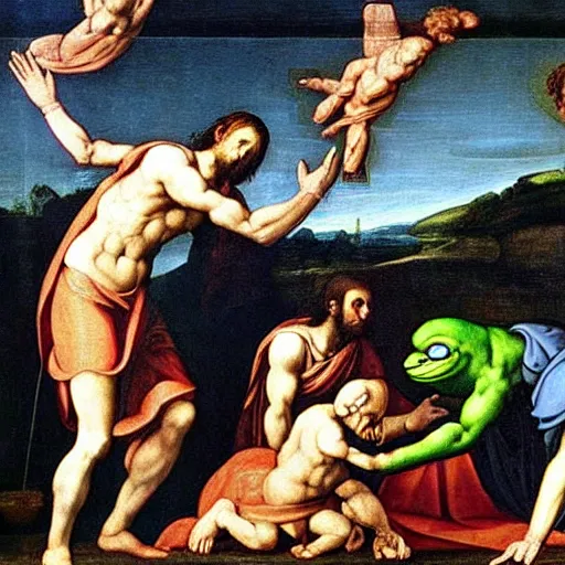 Image similar to pepe the frog in the raising of lazarus, style of michaelangelo, biblical reference