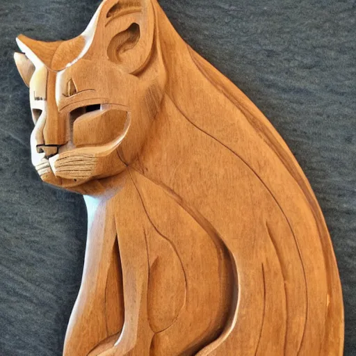 Prompt: wooden carving of a cougar, product picture, ebay listing thumbnail