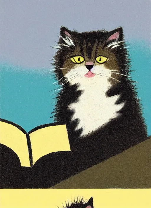 Prompt: an extreme close - up portrait of a cute fluffy cat reading in a scenic representation of mother nature and the meaning of life by billy childish, thick visible brush strokes, shadowy landscape painting in the background by beal gifford, vintage postcard illustration, minimalist cover art by mitchell hooks