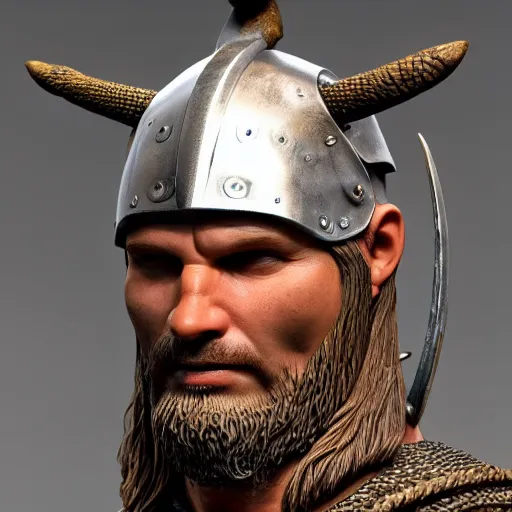 Image similar to of a 3d clay model of a viking from valhalla, wearing the horned helmet ultra fine detail, hair strands, ultra high resolution, fine texture detail, miniature painting techniques, perfect proportions, marvel cinematic universe, eric bana