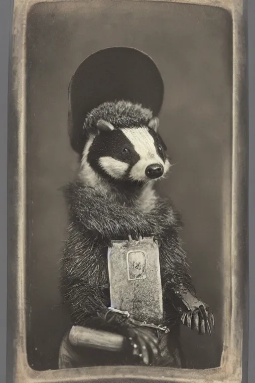 Image similar to a wet plate photo of an anthropomorphic badger as a friar