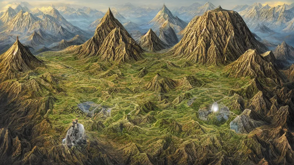 Image similar to surreal map of middle earth in the styles of igor morski, jim warren, and rob gonsalves, intricate, accurate geography, volumetric lighting, serene, imaginative