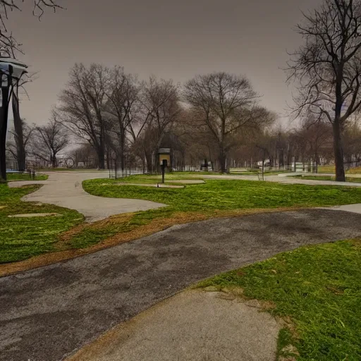 Image similar to a picture of a park that on one side looks vivid and nice, but on the other side dark, dead and gloomy dystopian colored