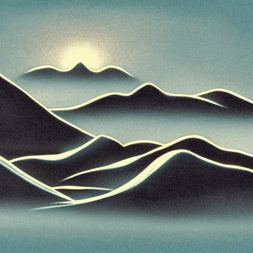 Prompt: silhouette of mountains made of light!!! bright cloudy sky, overexposed retro science fiction vintage art
