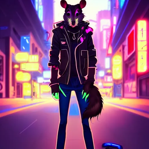 Image similar to beautiful furry digital art portrait commission of an androgynous furry anthro rat fursona wearing punk clothes in the streets of a cyberpunk city. neon signs. character design by charlie bowater, ross tran, artgerm, and makoto shinkai