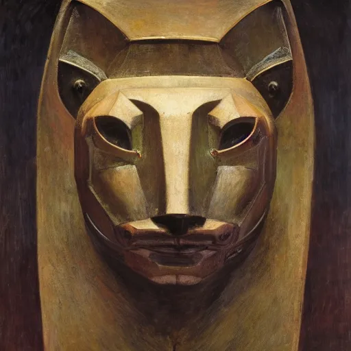 Prompt: masterpiece sculpture of a robot cat head mask, by annie swynnerton and diego rivera and nicholas roerich and jean delville, symbolist, dramatic lighting, god rays, elaborate geometric ornament, art brut, rich colors, smooth, sharp focus, extremely detailed, adolf wolfli and ( donato giancola )