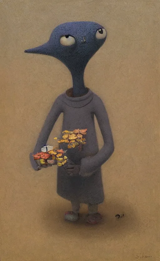 Image similar to portrait of a cute character in a scenic cheerful environment by Shaun Tan