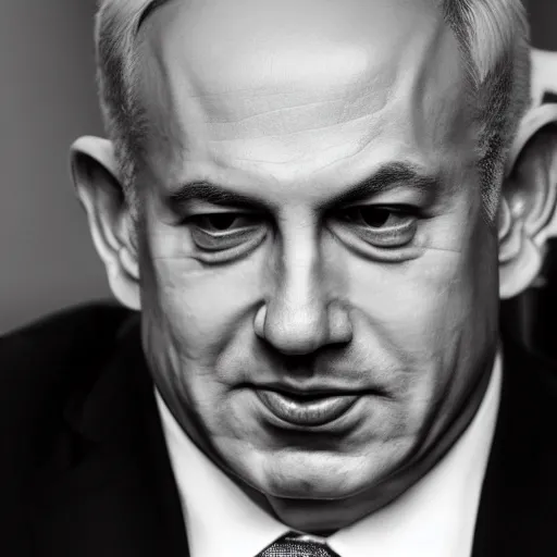 Prompt: A portrait of Benjamin Netanyahu grinning, ominous atmosphere