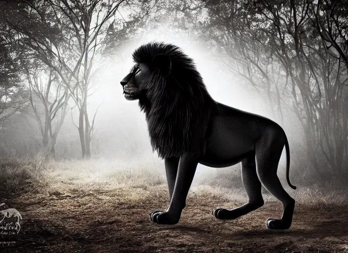 Prompt: professional wildlife photograph of a black lion standing in a dark jungle at night, surrounded by surreal trees, cinematic lighting, apex predator, natgeo