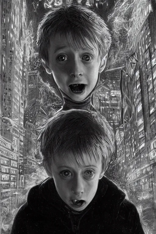 Image similar to realistic portrait beautiful concept art of home alone 2 movie scene when little macaulay culkin turns into cyborg. horror, created by gustave dore and greg rutkowski, high detailed, smooth draw, synthwave neon retro, intricate, trending on artstation.